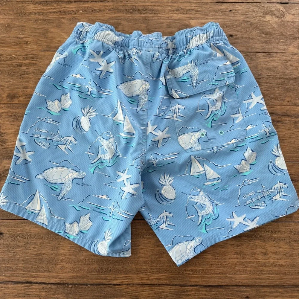 Vineyard Vines Mens XS Blue Sea Life Turtle Marlin Chappy Swim Trunks 7in Inseam